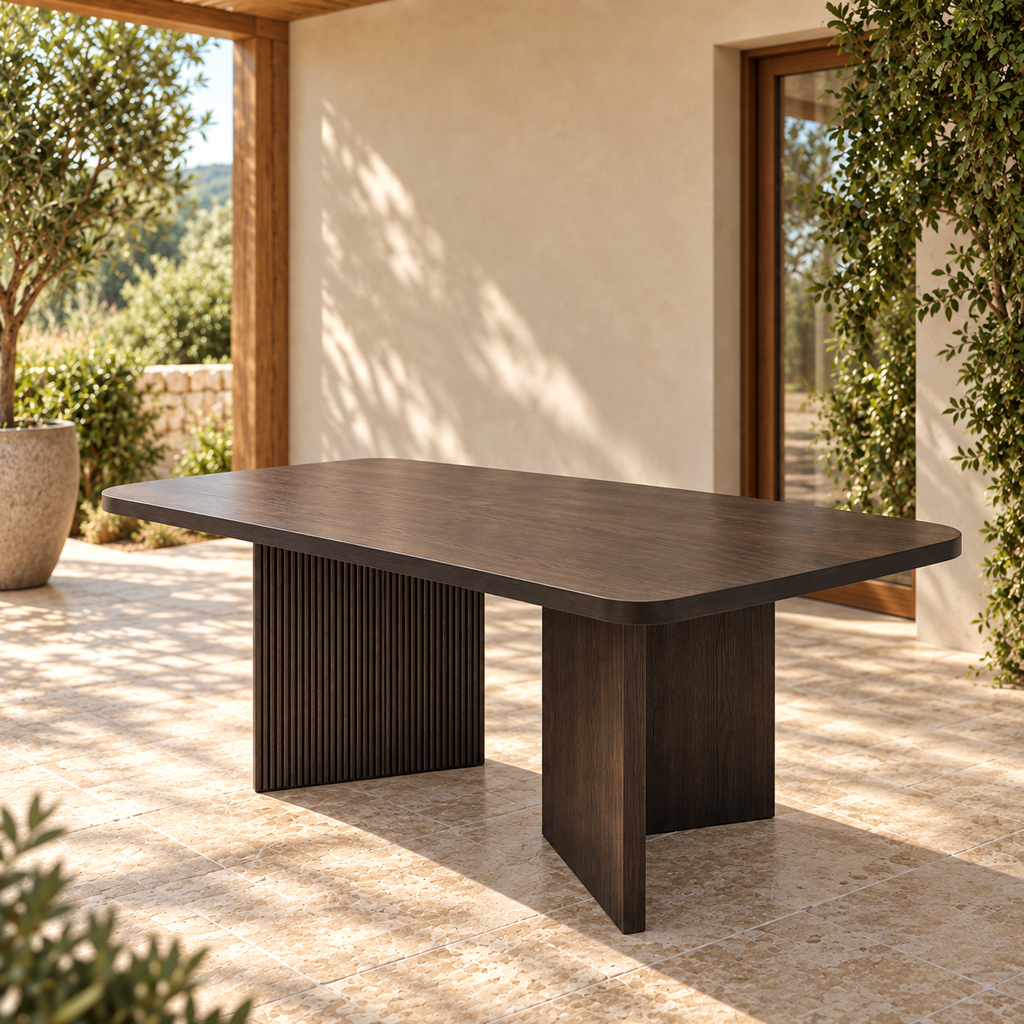 โต๊ะอาหาร__TOP-สี่เหลี่ยมผืนผ้ามุมมน__ขา-ระแนงทรงวี__วัสดุ-ไม้สัก__สี-น้ำตาลดำ__ขนาด-90x200x75__มุม-ไลฟ์สไตล์-ภายนอก__v01.png