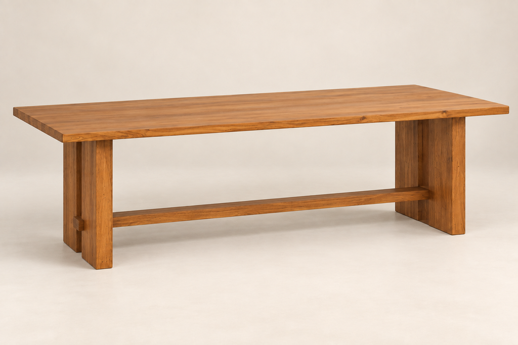 Teak Dining Table, Rectangular Top, Grooved Square Pillar Legs, Light Brown