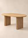Teak Dining Table, Oval Top, Grooved Cylindrical Pedestal, Light Brown