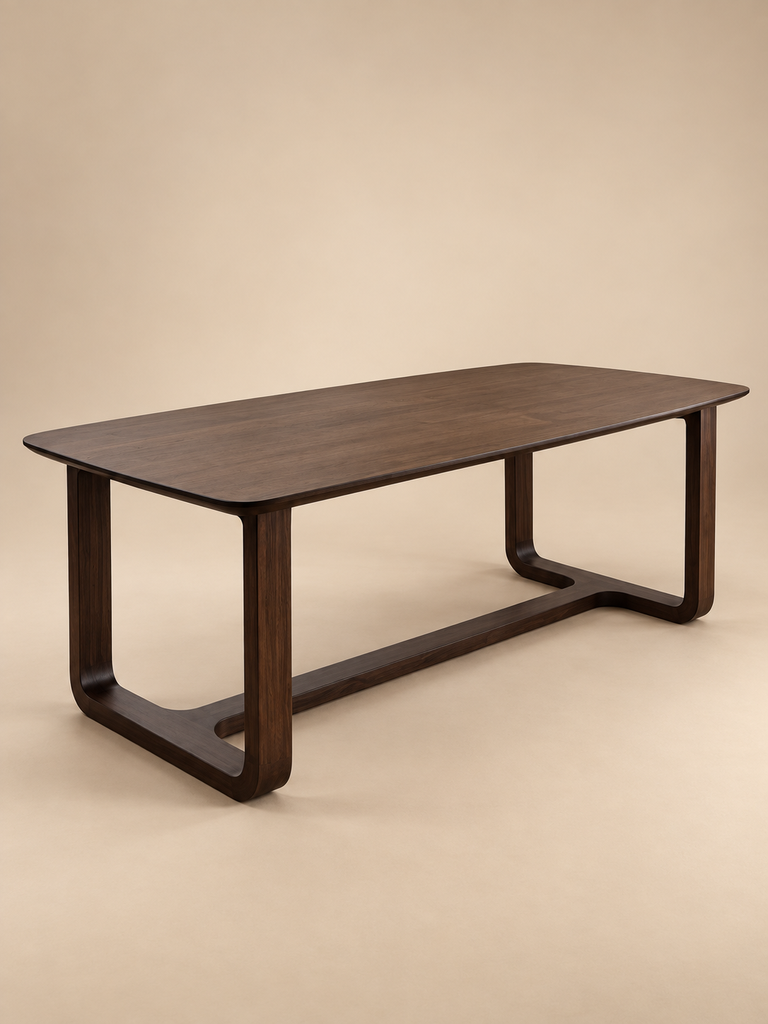Teak Dining Table, Curved-Corner Top, Looped Curved Legs, Dark Brown